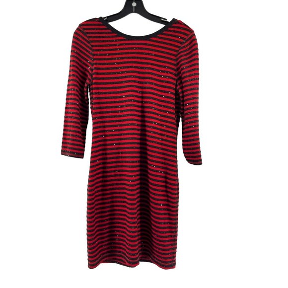 Express Women's Long Sleeve Black Red Striped Knit Sequin Sweater Dress Size M - Picture 2 of 15